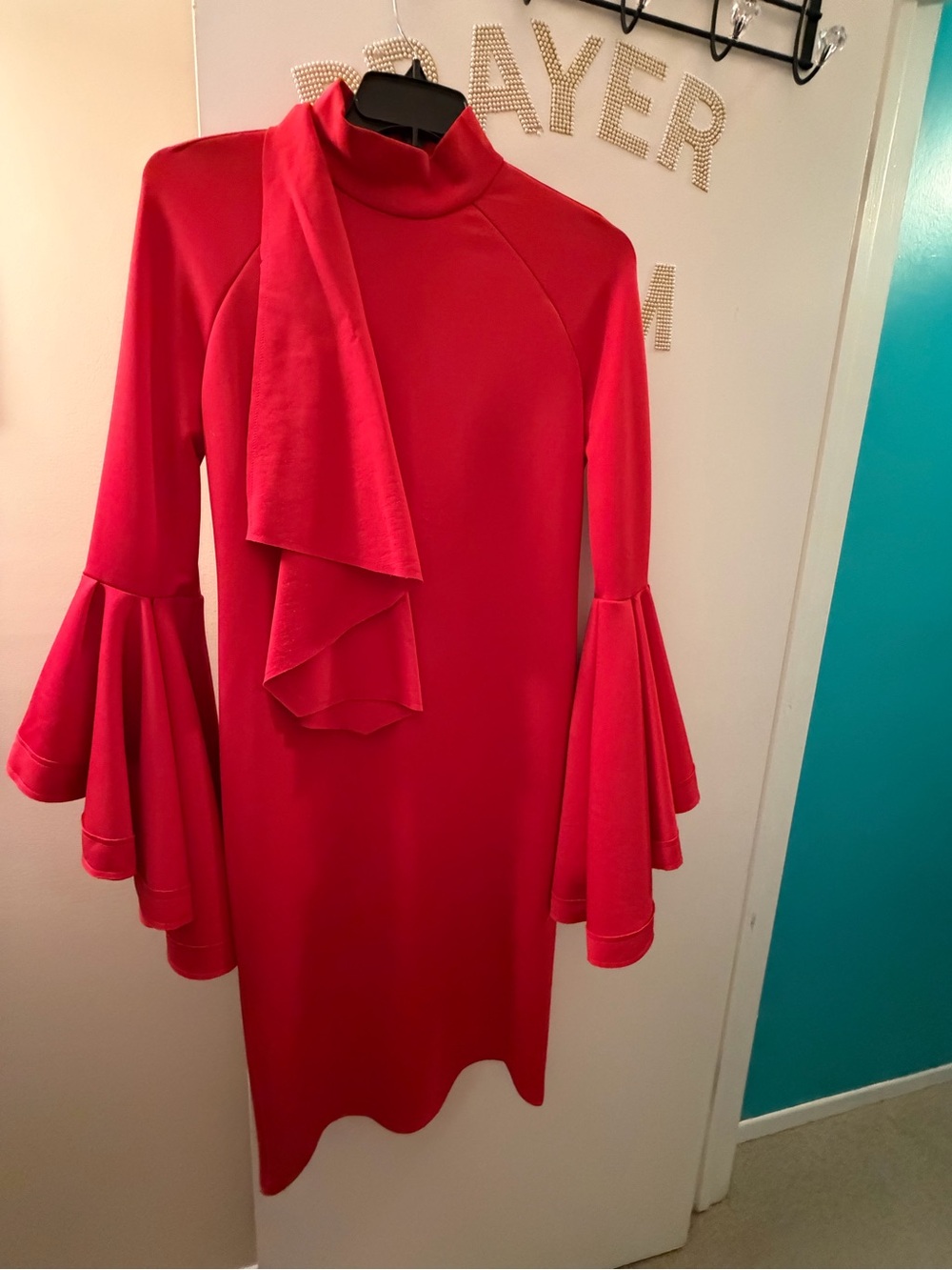 Red Bell-Sleeve Turtleneck Dress with Scarf
